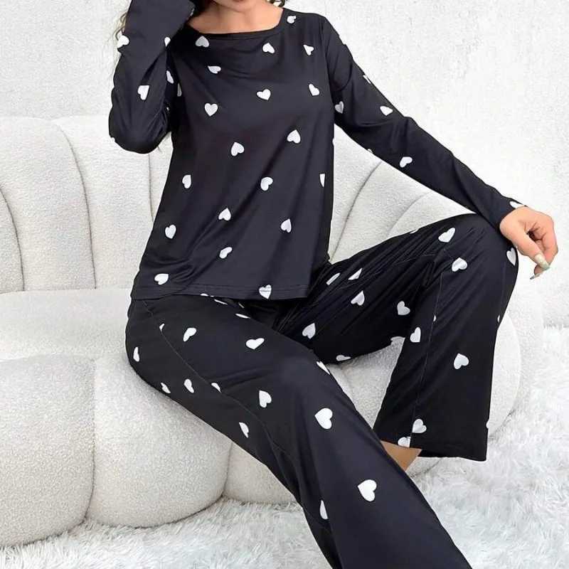 Womens Pajamas Casual Love Print Round Neck Long Sve Long Pants Fall and Winter Comfortable Set Girl Spwear HomewearXJ250220
