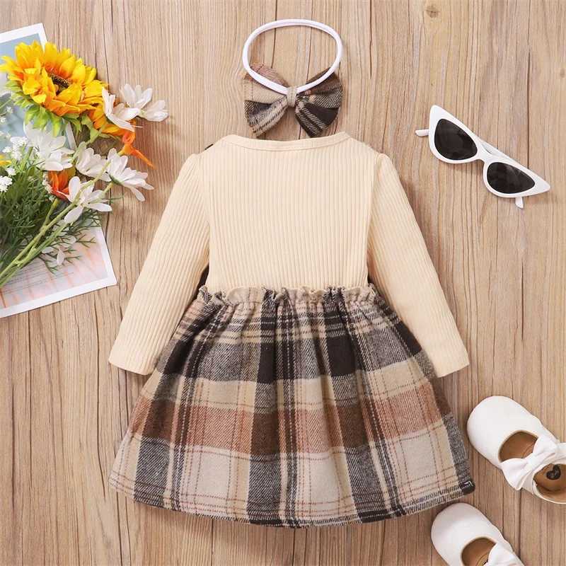 hibobi Autumn 2-Piece Set Baby Girl Plaid Print Bow Decor Color-Block 2 In 1 Dress With Headband For 1-3 Year Old Baby Girls X250220