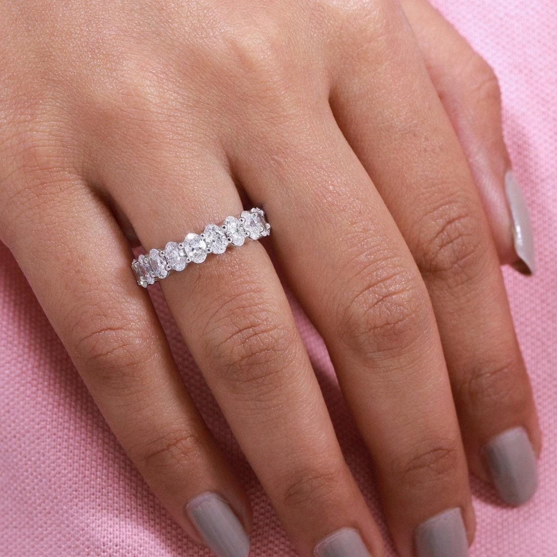 Jewelry 18K White Gold Lab Diamond Ring Oval 4.5*3.2mm Asscher 3.0mm Gold Eternity Full Band Wedding Anniversary Women Ring