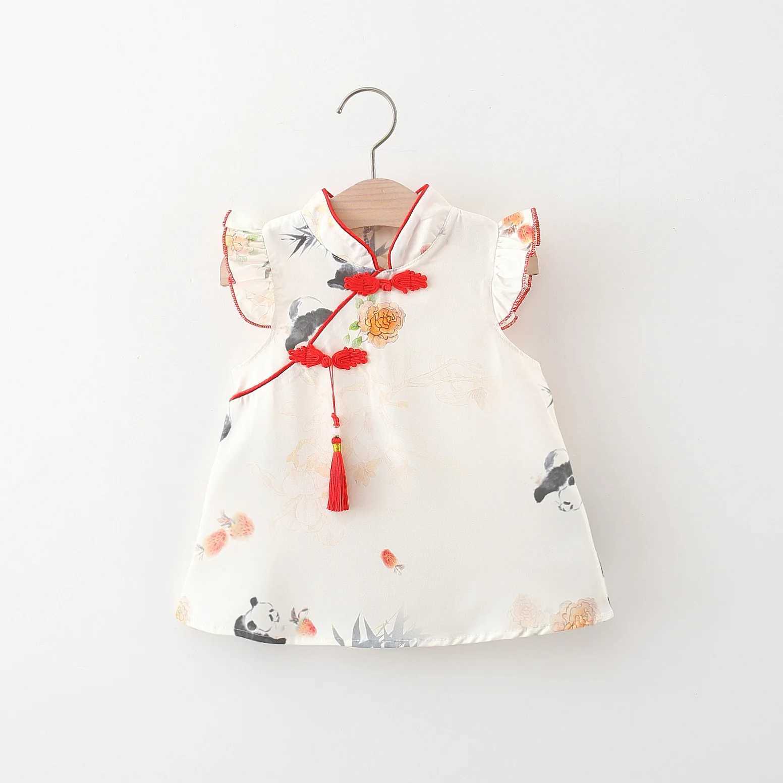 Chinese Style Girls Dress Summer Baby Girl Cartoon Panda Bamboo Print Small Flying Sleeves Buckle Tassel Cheongsam Dress X250220