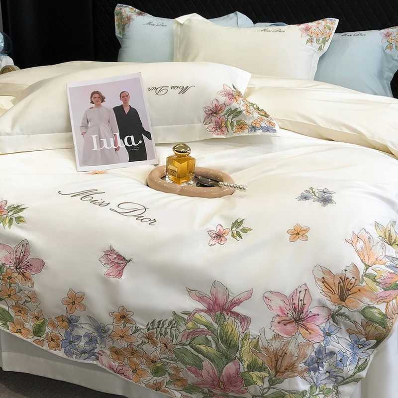 Bedding Set Luxury Flowers Embroidery Quilt/Duvet Cover White Egyptian Cotton Bedspread Fitted Sheet Mattress Cover PillowcasesXJ250220