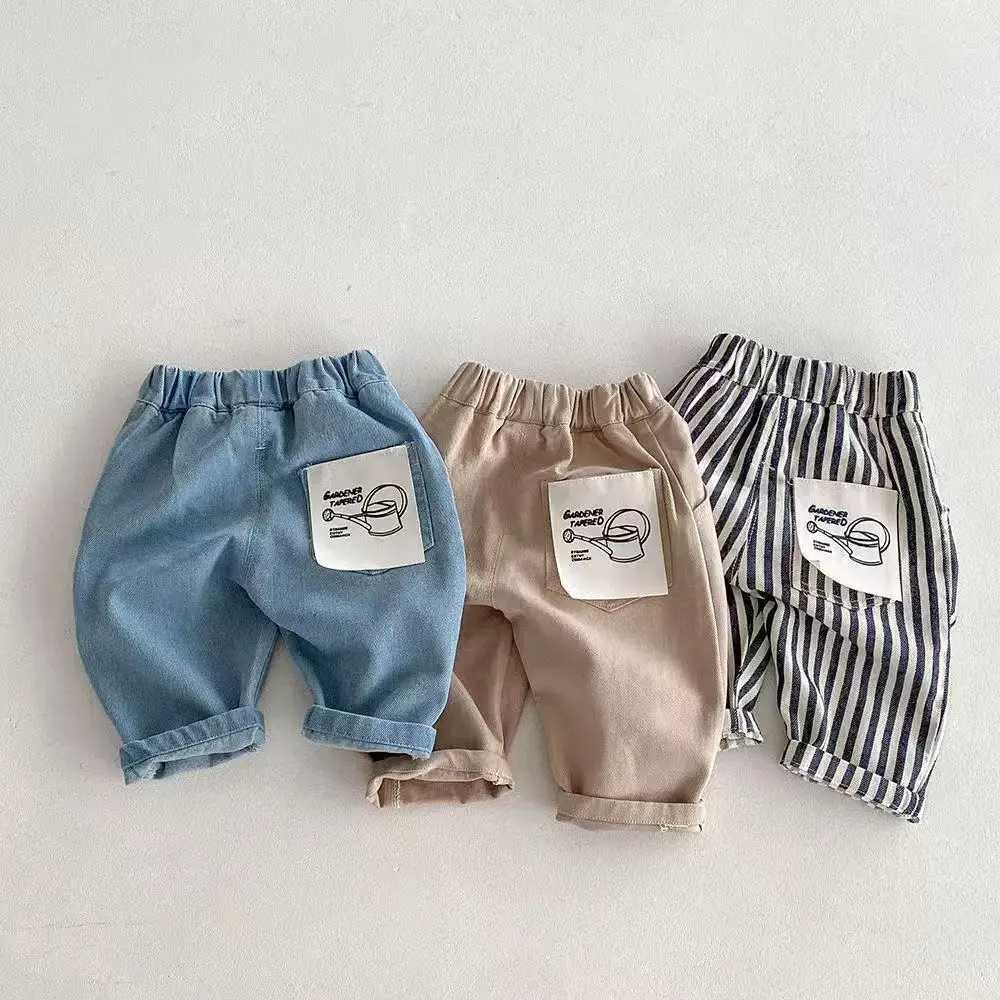 New Autumn Kids Tapped Casual Striped Pants 0-5T Girls Boys Fashion Stripe Trousers Children Solid Denim Jeans Korean Version Z250220