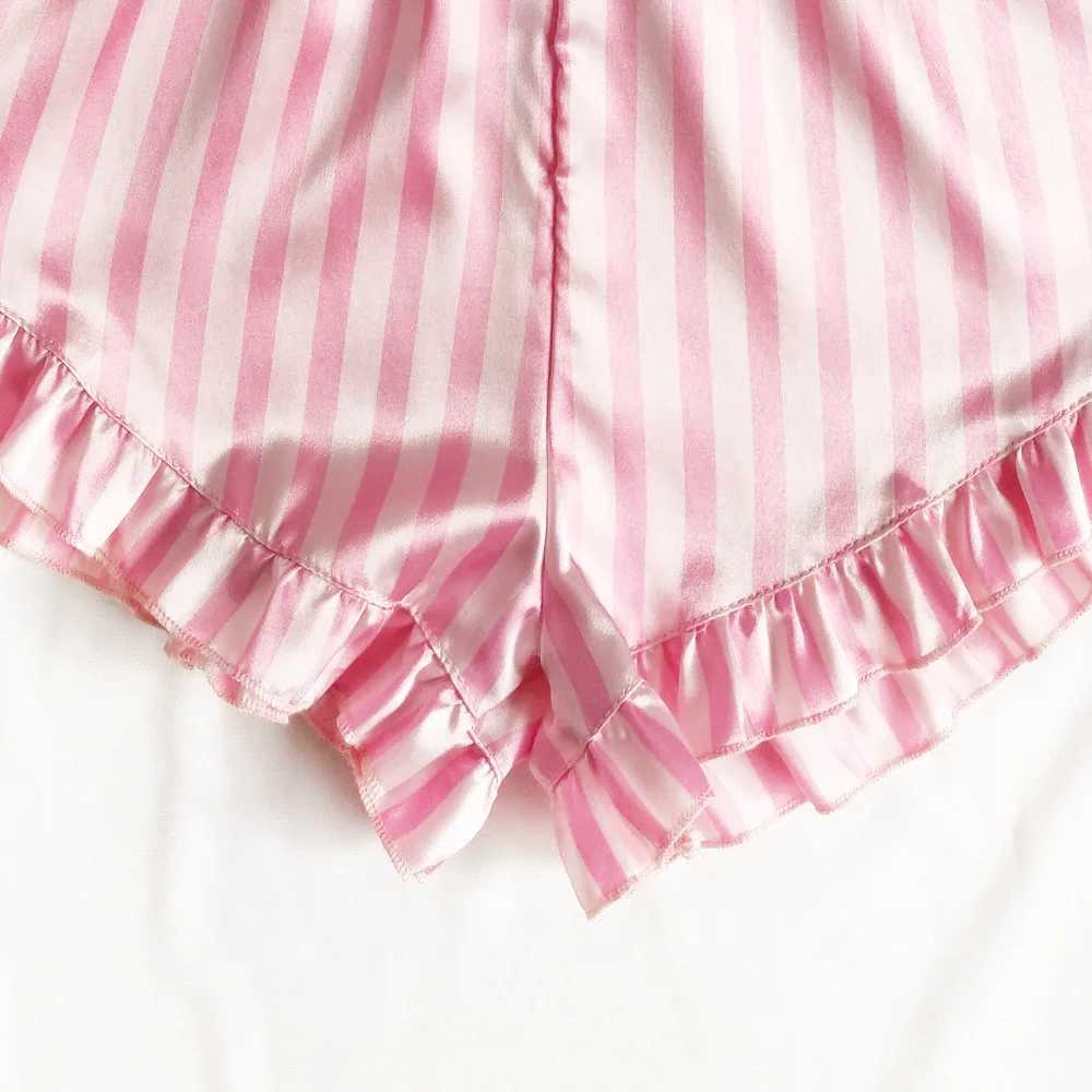 Satin Silk Pajamas Set Women Sexy Spwear Summer Hot Sveless Pijamas Faux Silk Homewear Pink Striped Nightwear Lingerie BraXJ250220