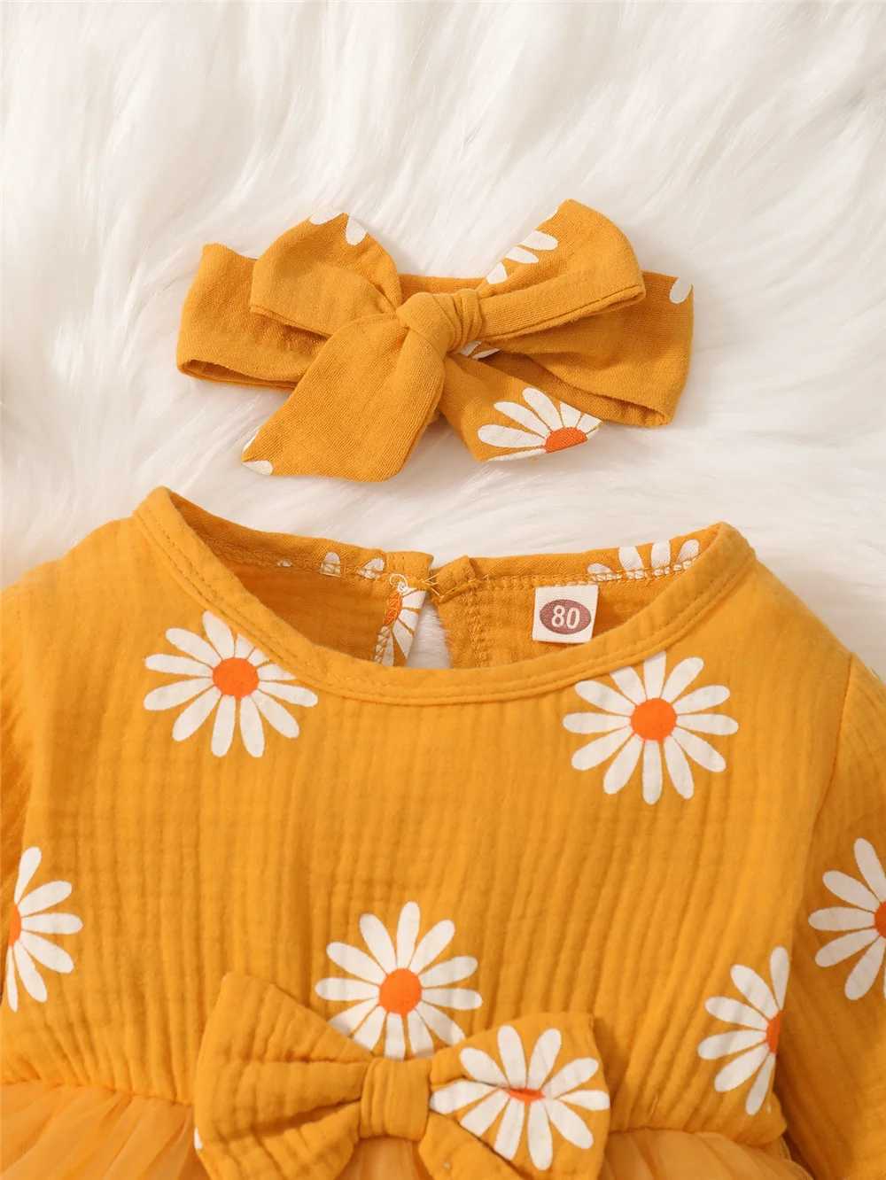 Newborn Baby Girl Romper Dress Long Sleeve Flowers Print Tulle Bodysuit Yellow Spring Autumn Dress with Headband Clothes X250220