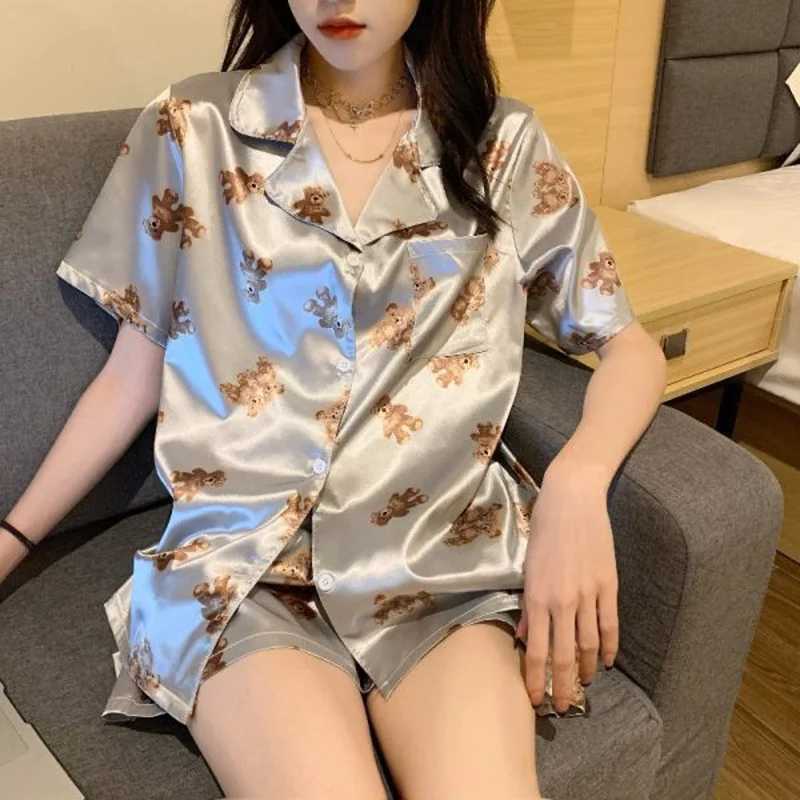 New Ladies Two-Piece Pajamas Ice Silk Women Short-Sved Cardigan Shorts Grey Bear Cute Summer Ladies Pajamas Homewear SetXJ250220