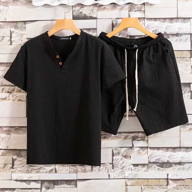 Mens Short Sleeve Set Summer Cotton Linen Double Button Large Solid Color Mens T-shirt Two Piece Set W250221