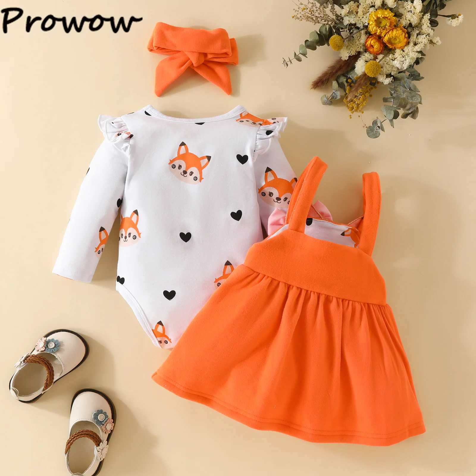 Prowow Cute Fox Baby Dress 3-Piece Heart Printed jumpsuit+Hanging Fox Dress Suitable for Girls Autumn/Winter Newborn Baby Clothing X250220