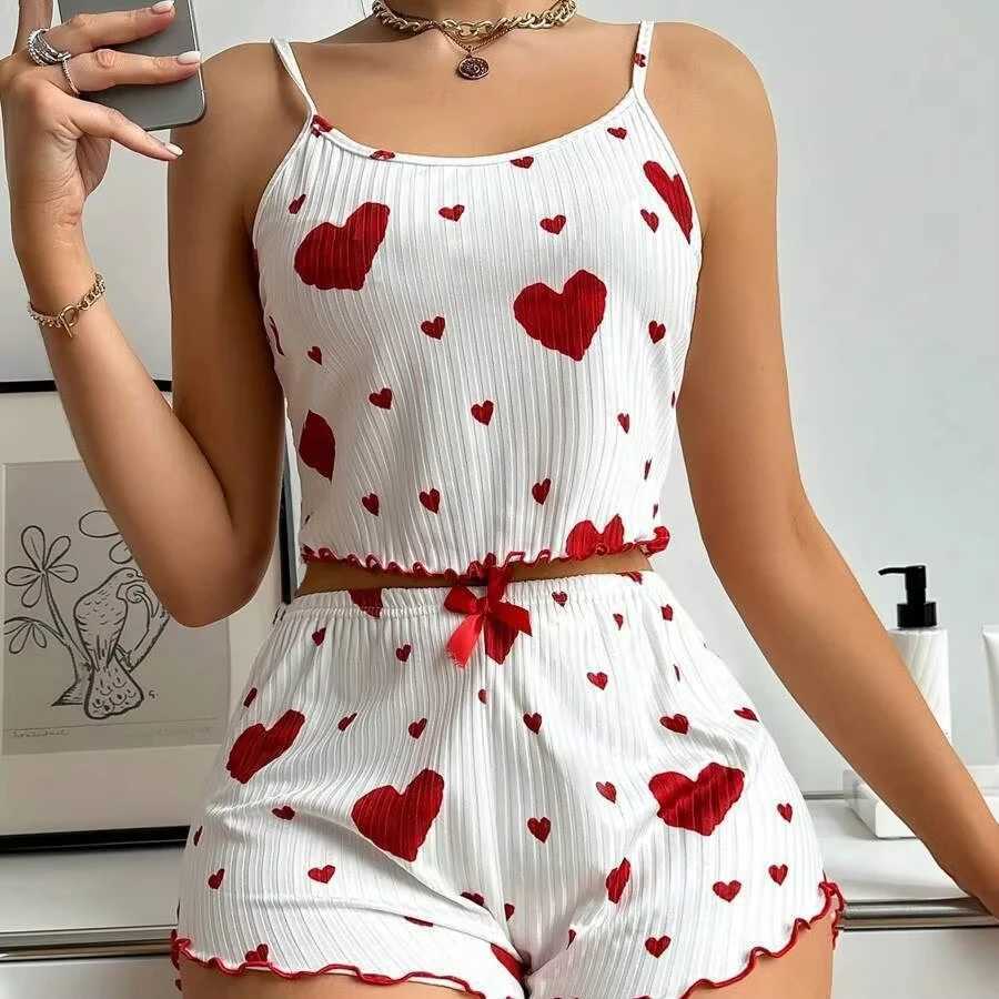 Heart Print Pajama Set Women Ribbed Spwear Cami Top Shorts Cute Bow Loungewear Soft Comfortable Pj Set New Fashion ArrivalXJ250220
