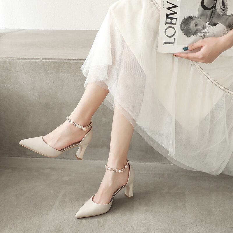 2025 High heels heeled sandals women's shallow toe pointed toe thick heel women's sandals slippers slides