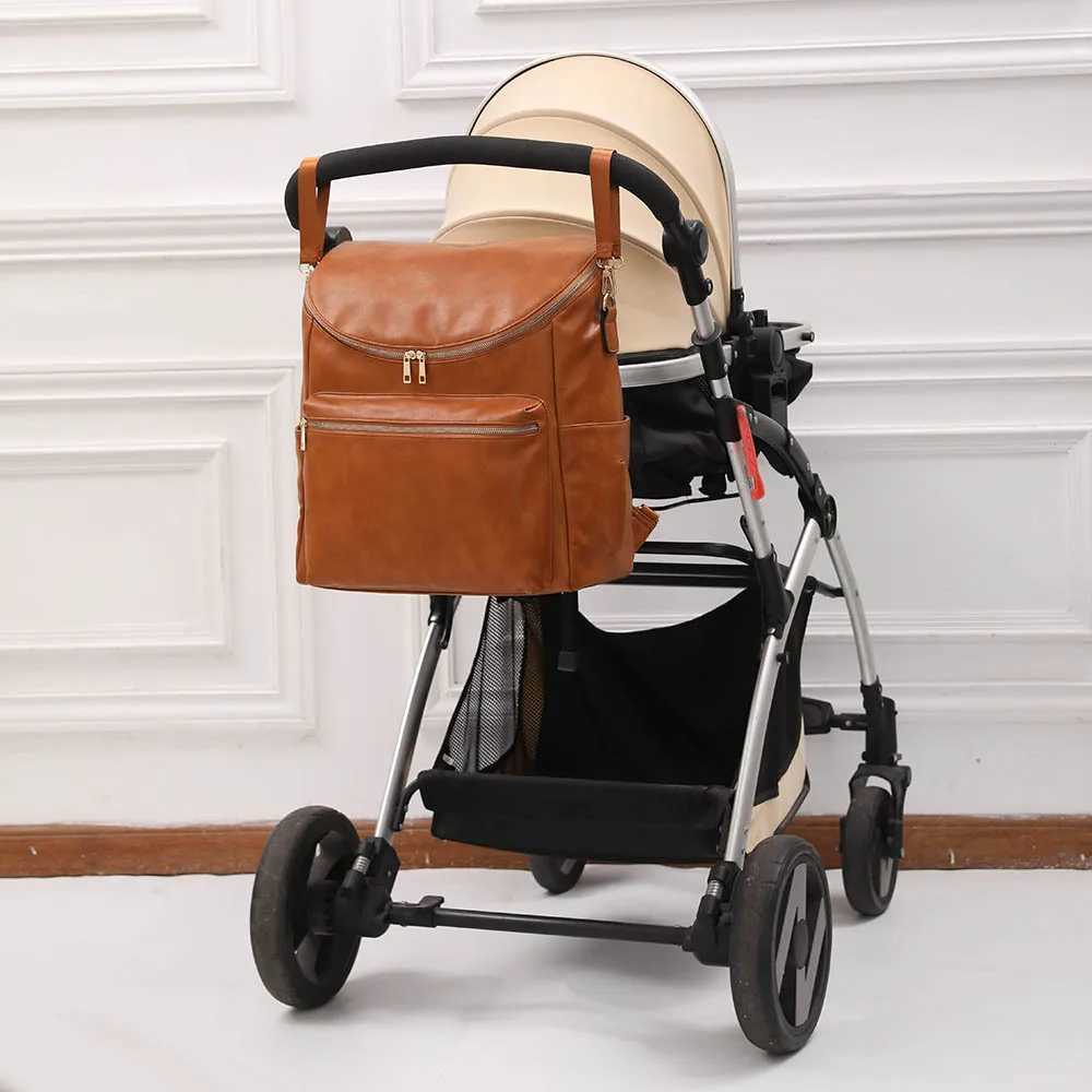 Baby Diaper Backpack Solid PU Leather Mummy Maternity Bag Large Capacity Travel Backpack Cart Bag Belt Replacement Mat X250220
