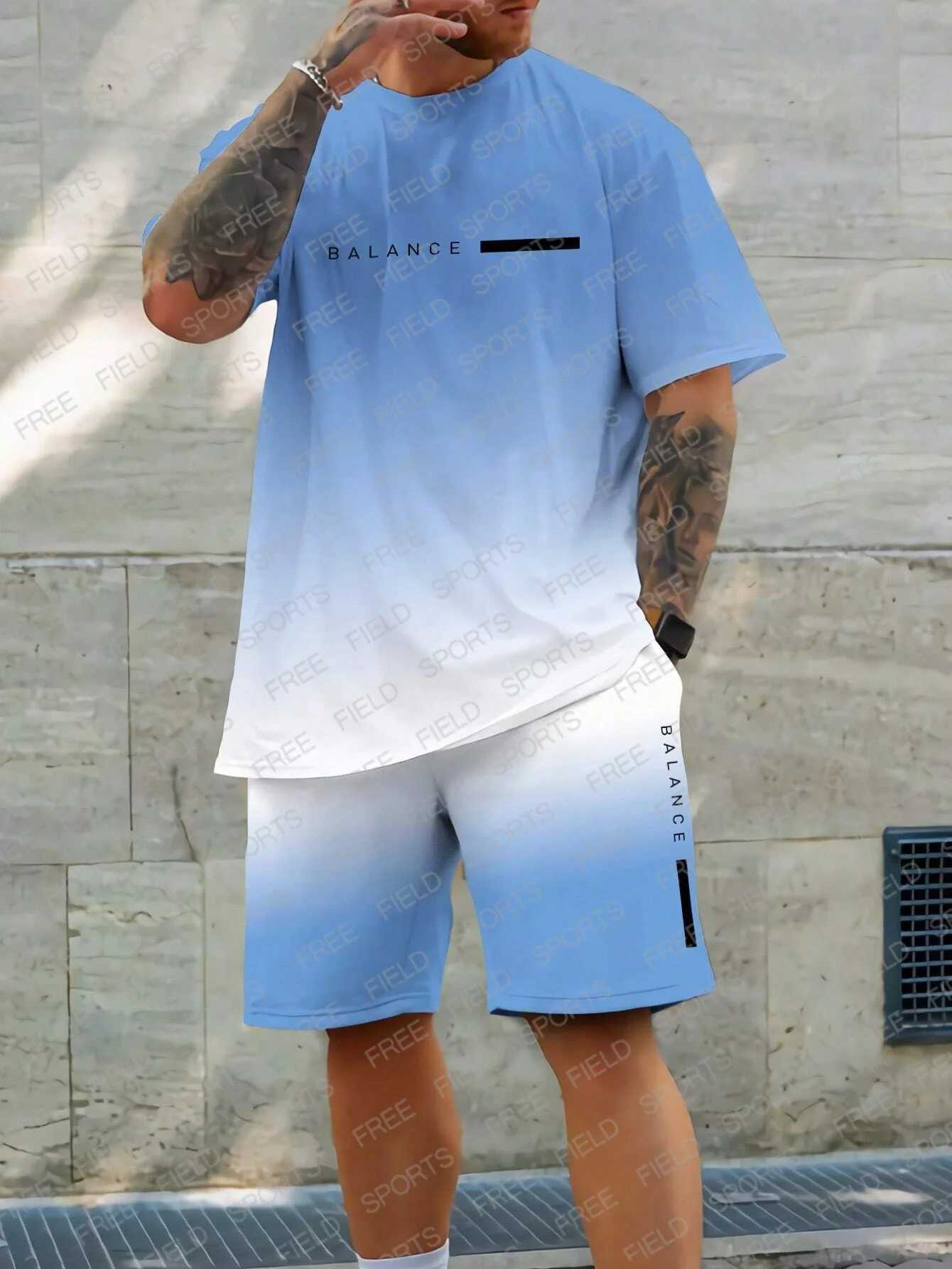 Manfinity LEGND Men Summer Ombre Letter Printed Round Neck Short Sleeve Casual T-Shirt And Drawstring Waist Shorts Outfits Suits W250221