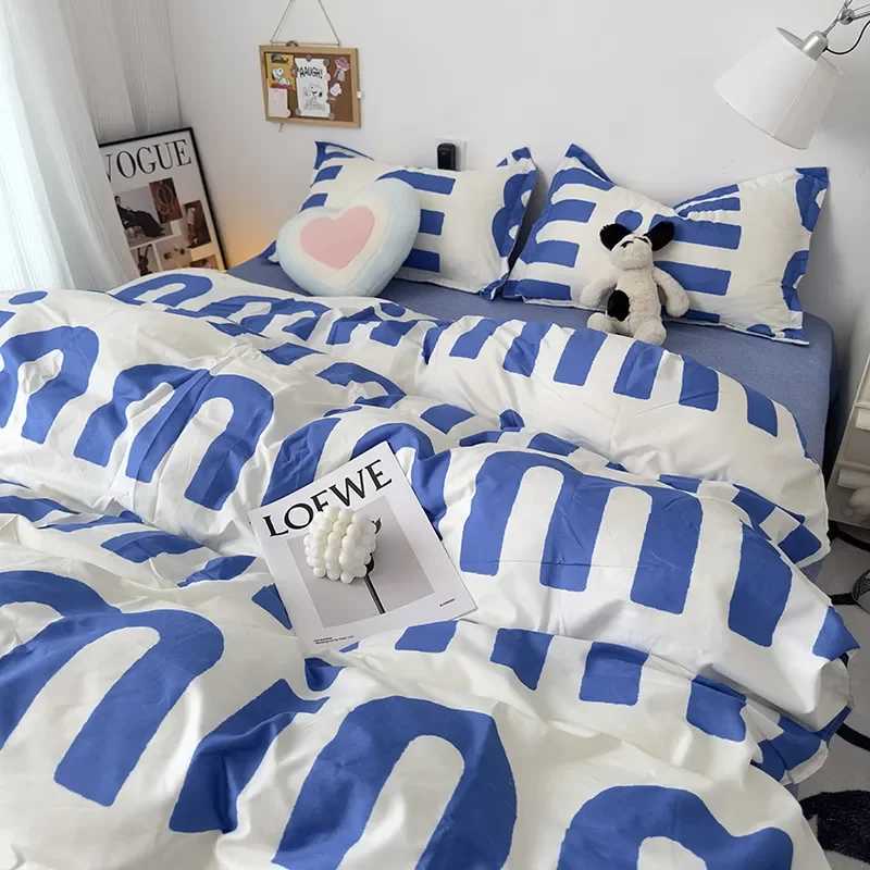 Korean Style Pink Letter Bedding Set Flat Sheet case Twin Full Queen Size Bed Linen Women Girls Duvet Cover No Filling