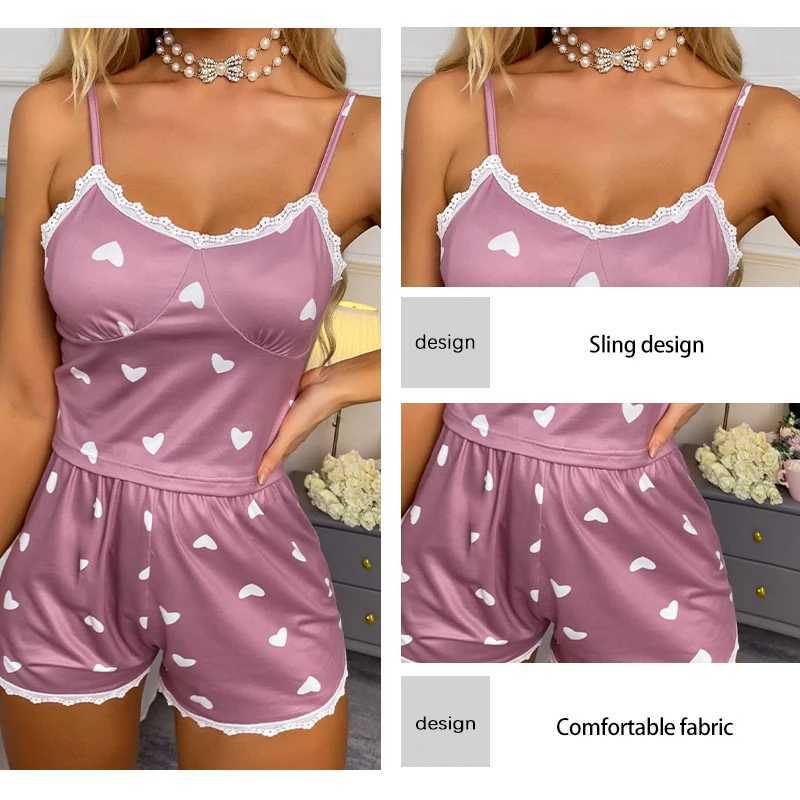 Womens Two-Piece V-Neck Suspender Lace Printed Top and Shorts Womens Casual Printed Pajama SetXJ250220