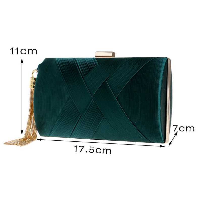 Satin Criss Cross Women Evening Bags Green Color Party Clutch Bags Tassel Golden Metal Shoulder Chain Handbags Z250220