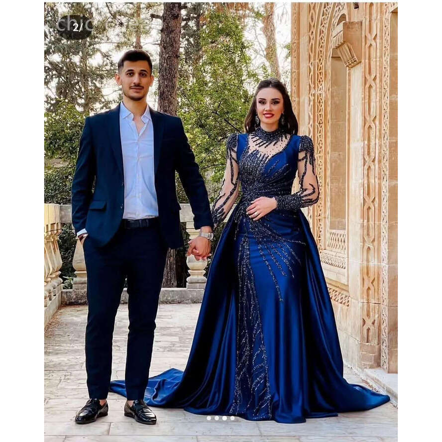 Ebi Aso Navy Blue Mermaid Prom Dress Sequined Lace Satin Beaded Evening Formal Party Second Reception Birthday Engagement Gowns Dresses Robe De Soiree