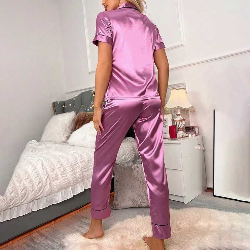 Luxurious Satin Pajama For Women 2 Piece Pjs Set Pocket Heart Embroider Spwear Autumn Long Sve Tops Pants Pyjama FeXJ250220