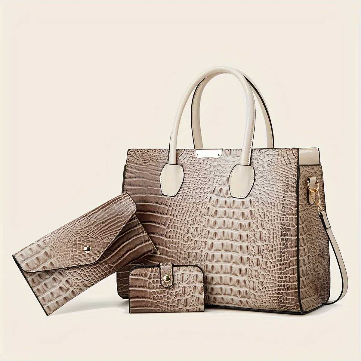 3PC+Womens Tote Handbag Set Classic Large Capacity Crocodile Pattern Shaped Single Shoulder Crossbody Bag Womens Handbag Walle Z250220