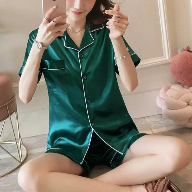 Women Ice Silk Pajamas Korean Version of the Lapel Cardigan Ladies Comfortable Spwear Two-Piece Set Soft Casual NightwearXJ250220