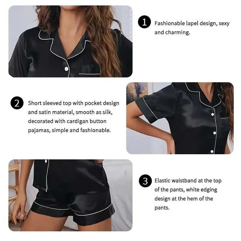 Womens Silk Pajamas Two-Piece Casual Comfortable Spwear Homewear Set Buttons Tops and Trousers Solid Nightwear LoungewearXJ250220