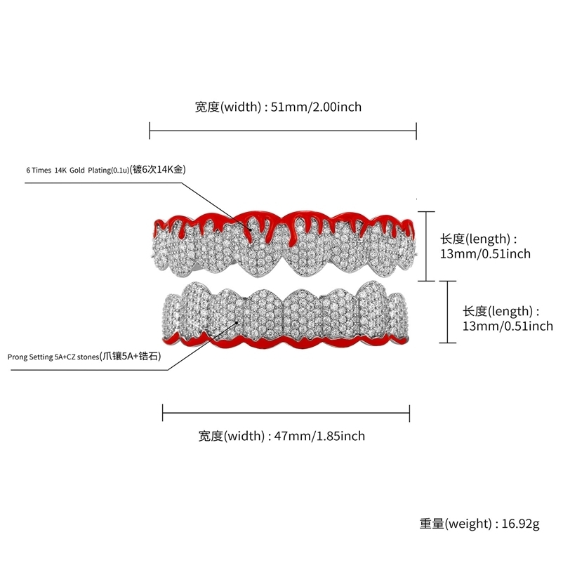 RACHELZ 8/8 Red Flame Iced Out CZ Stone Teeth Braces Hip Hop Cubic Zircon Tooth Caps For Women Men Jewelry Gift 250220