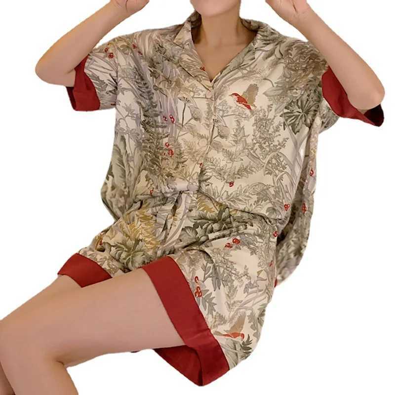 Summer Women Pajama Set Short Sve Pajamas for Woman Stain Silk Fashion Luxury Pijamas Flowers Bird Print Lapel SpwearXJ250220