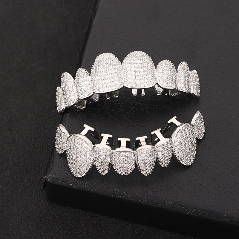 HipHop CZ Tooth Set suitable for unisex top bottom mouth gold silver tooth cap detachable teeth fashion jewelry 250220