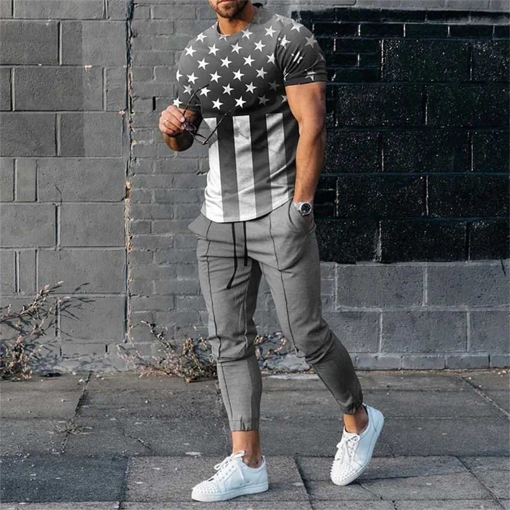 Fashion Men Tracksuit T-Shirt 2 Piece Set Short Sleeve Sportswear Suits Men Clothing Trousers Casual O-Neck Tops Pants Streetwear W250221