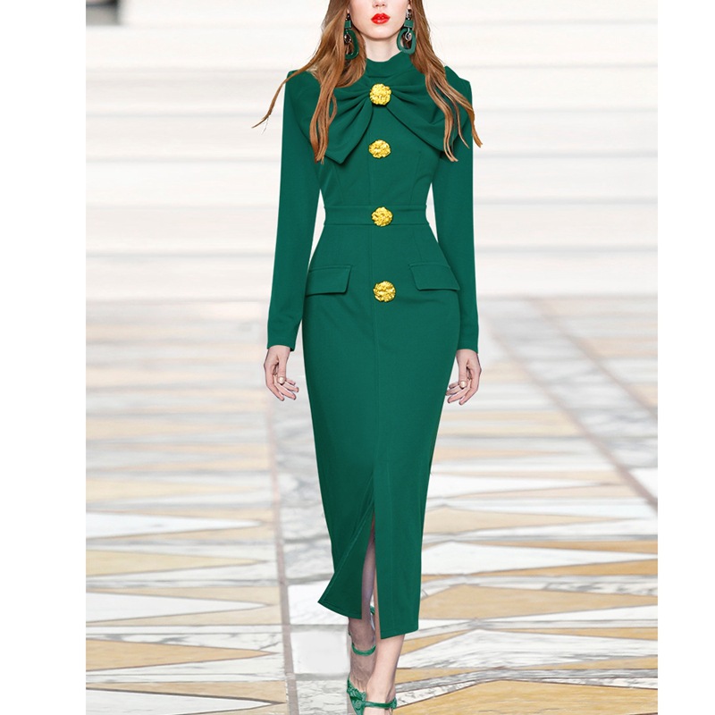 JAMERARY Spring Summer Dress For Women Fashion Golden Button Pearl Vintage Black Bow Long Sleeve Midi Woolen Dresses