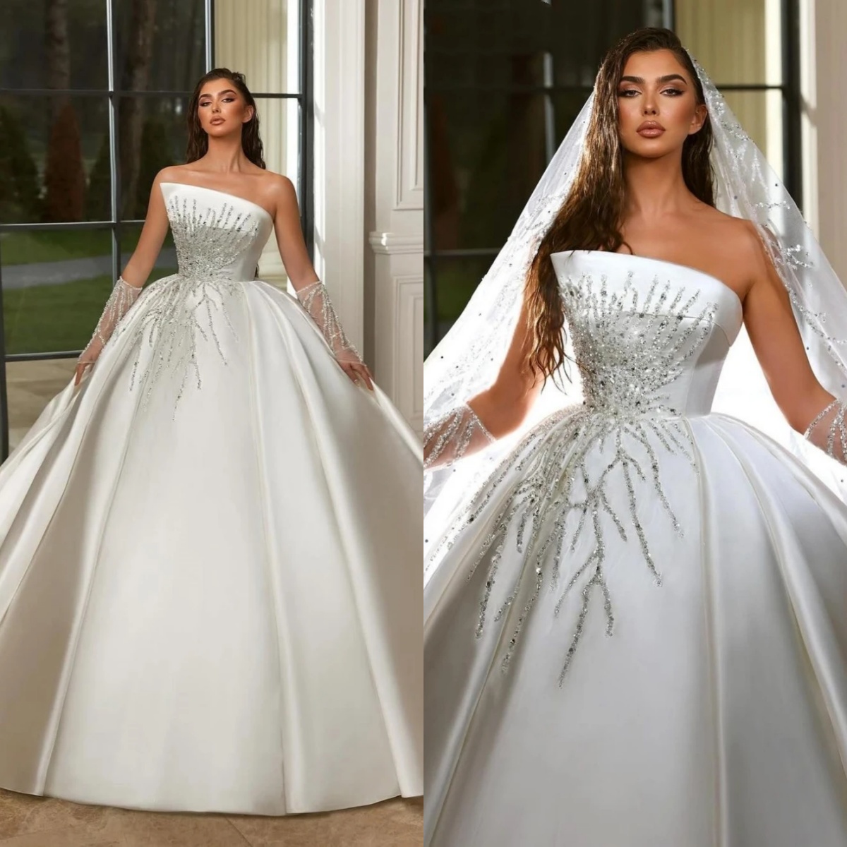 Gorgeous A e Women Wedding Strapless Sleeveless Bridal Gowns Sequins Appliques Sweep Train Dress Custom Made vestidos de novia