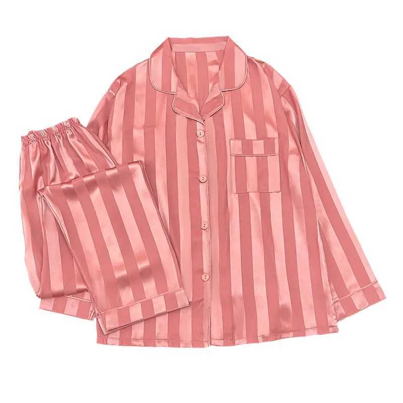 Striped Ice Silk High-end Pajamas for Women Spring and Autumn Womens New Long-sved Trousers Two-piece Set Nightwear NightieXJ250220