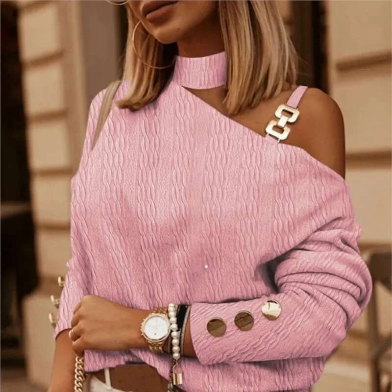 2024 Spring Autumn Sexy Off Shoulder Shirt Chain Hanging Neck Button Tops Fashion Elegant Women's White Blouse Feminine Clothing