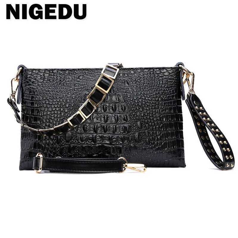 Nigedu genuine leather womens clutch fashionable crocodile shoulder bag Rivet handbag club womens luxury envelope night bag Z250220
