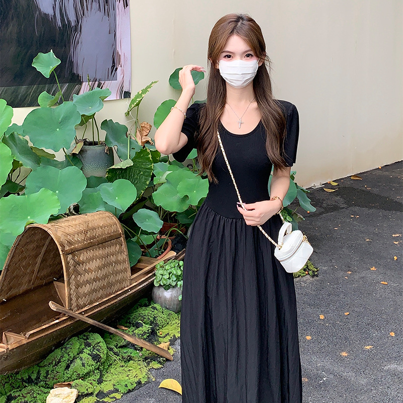 C33814 Temperament Little Black Dress Summer Black French Waist Large Swing Dress High-grade Slimming A-line Skirt