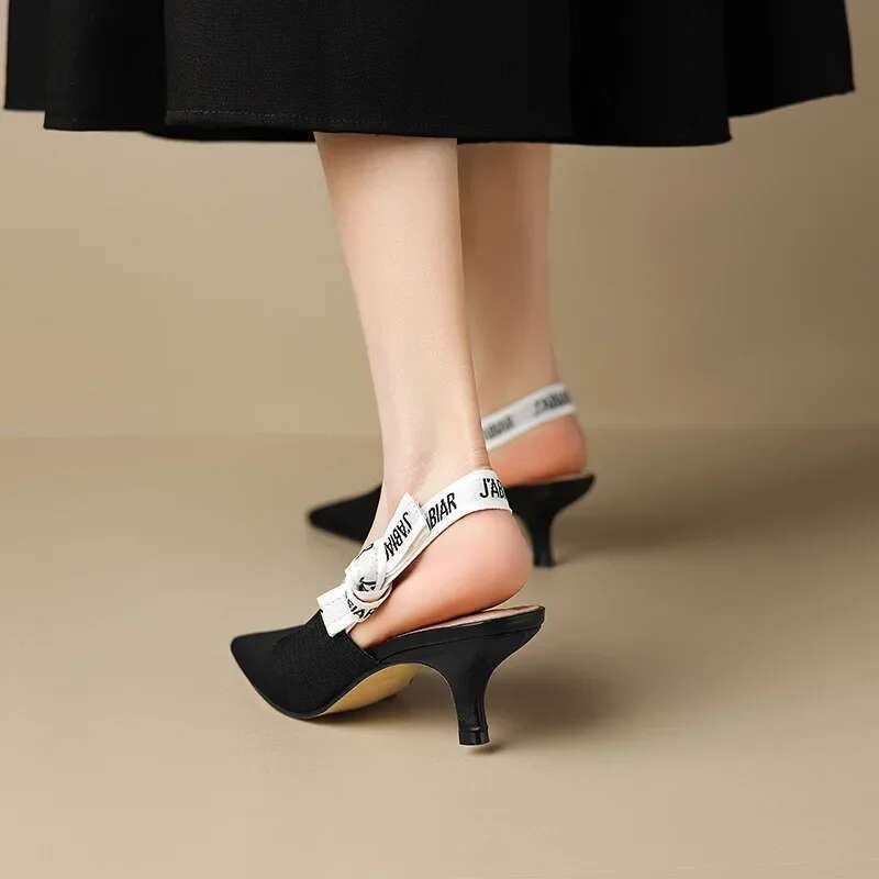 2025 Summer New Versatile Cat Letter Sandals Bag Head Thin Middle Heel Back Empty High Heels Women's Shoes