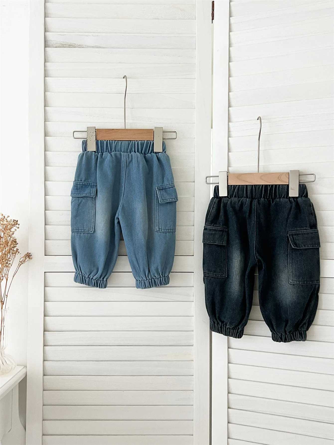 2025 Spring New Children Denim Trousers Boys Loose Cargo Pants Solid Girls Pocket Casual Pants Kids Versatile Jeans Baby Clothes Z250220