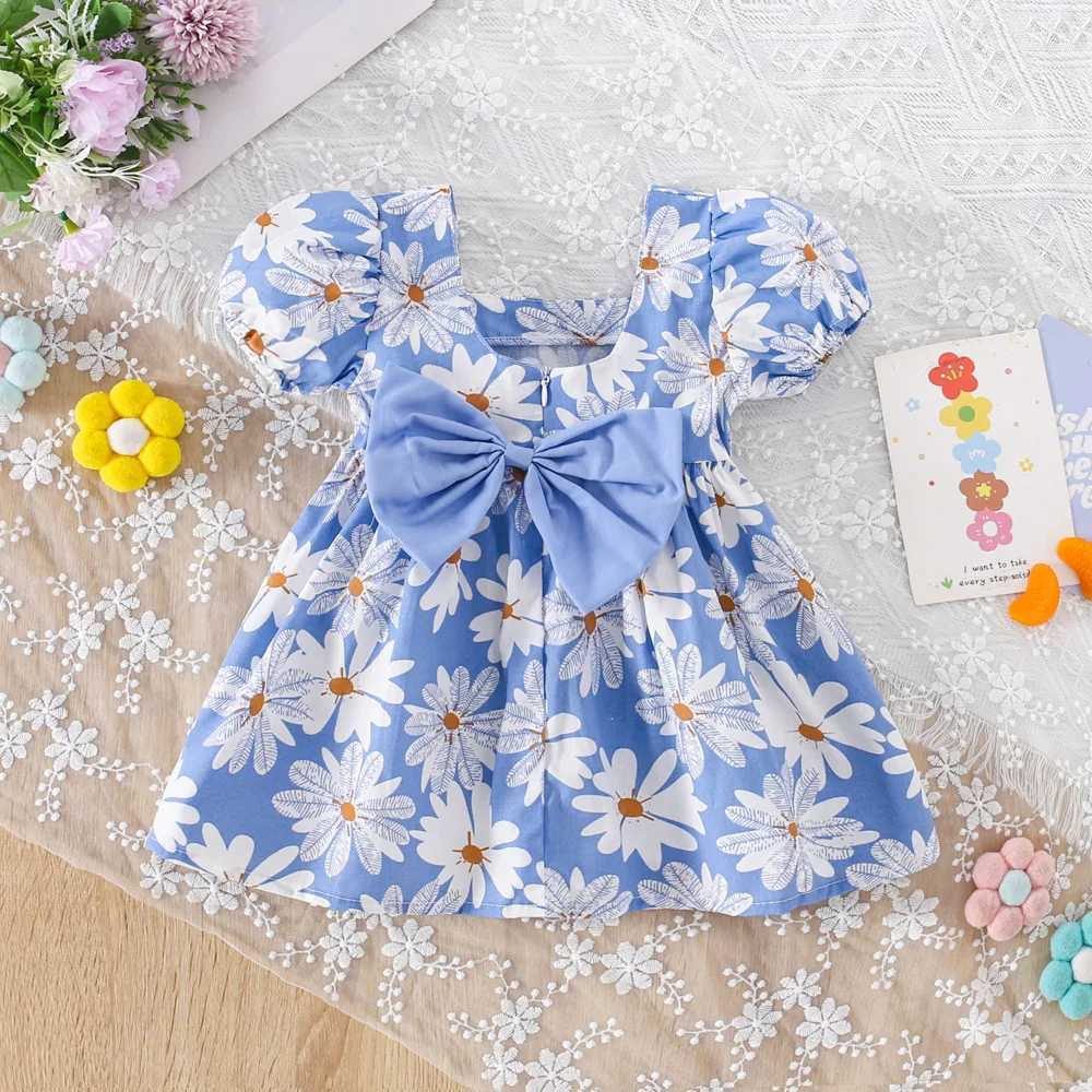 Girls Summer New Style Daisy Bow Decoration Square Neck Short Sleeved Korean Version Childrens Dress X2502201