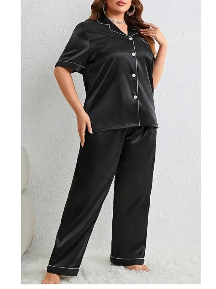 Plus Size Silk Satin Women Pajama Sets Solid Short Sves Top Long Pants 2 Pieces Spwear Notched Collar Button NightwearXJ250220