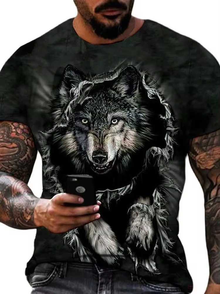 Mens T-shirt Wolf Print Casual Streetwear Fashion Short-sleeved Pullover Summer Outdoor Sports Top Tee Oversized Clothing W250220