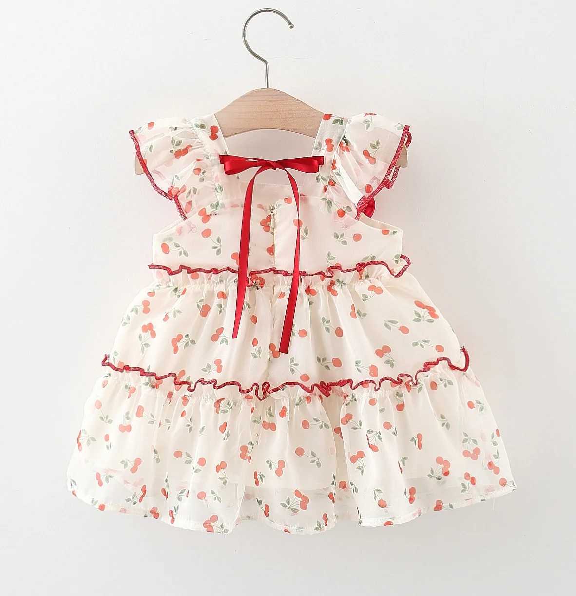 Baby 0-4 years old summer sweet and cute bow dress cherry chiffon dress girl internet gauze acrylic dress X250220