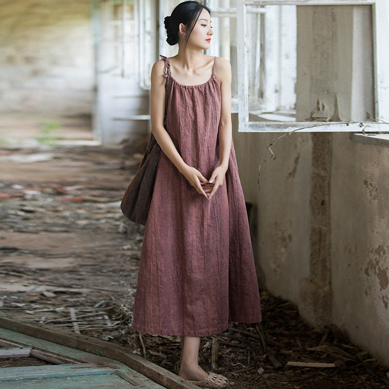 C508320 Ramie tie-dye adjustable long suspender skirt loose retro spring and summer slim temperament French casual women's dress skirt