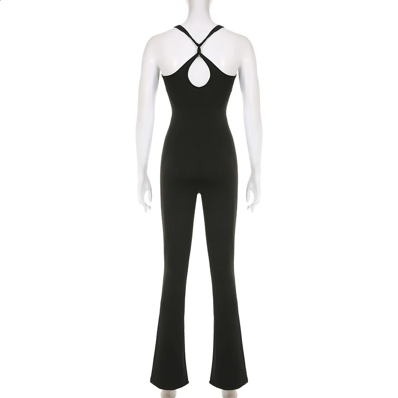 SUCHCUTE Women Sexy Jumpsuits Hollow Out Backless Sleeveless Solid Rompers Casual Bodycon Streetwear Sporty Overall Black Summer 250220