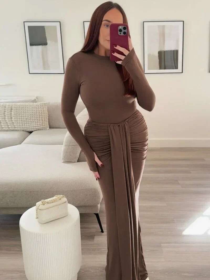 Women Elegant O-Neck Sleeve Bandage Evening Dress 2025 Spring Solid Color Bodycon Folds Long Party Dresses High Street