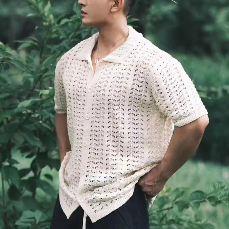 Mens summer solid color short sleeved loose casual mesh mens cut shirt 250219