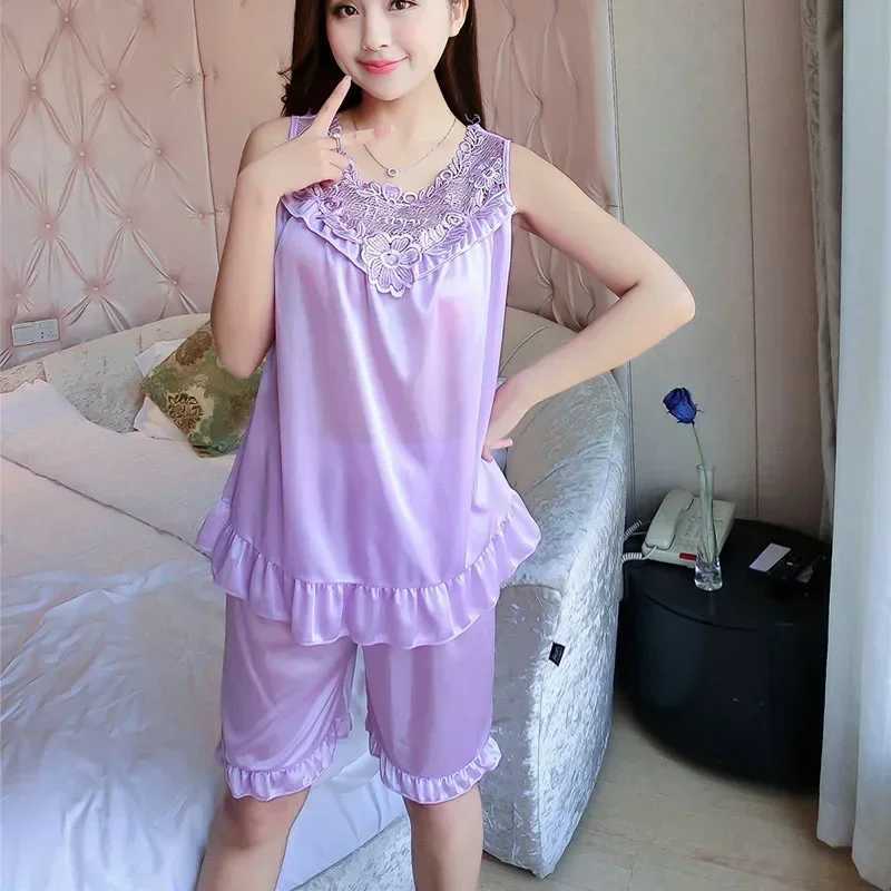 Perspective Summer Plus Size Sveless Faux Silk Satin Pajamas Set with Shorts Sexy Spwear Womens Home ClothingXJ250220