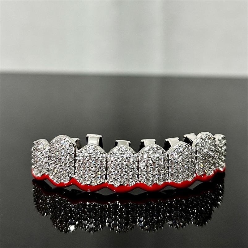 RACHELZ 8/8 Red Flame Iced Out CZ Stone Teeth Braces Hip Hop Cubic Zircon Tooth Caps For Women Men Jewelry Gift 250220