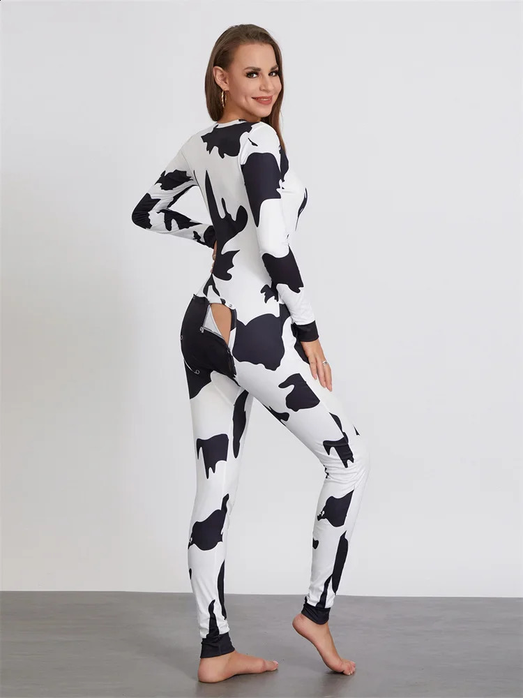 Women Buttoned Flap Jumpsuits Sleepwear Cow Printed Long Sleeve V Neck Bodycon Romper Spring Fall Loungewear 250220