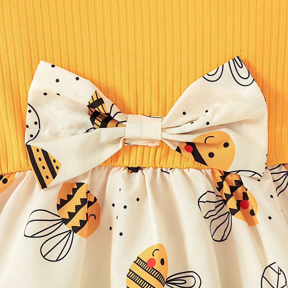 Summer New Yellow Little Fly Sleeve Baby Girl Dress Cartoon Bee Print Childrens Sleeveless Clothes+Bow Headband (0-3 Years) X2502201
