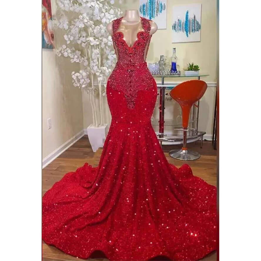 Red Long Mermaid Dresses 2024 Black Girls Sheer Crew Neck Dias Style Sparkly Rhies Crystals Sequined Prom Party Formal Evening Gowns Bc18507 0618