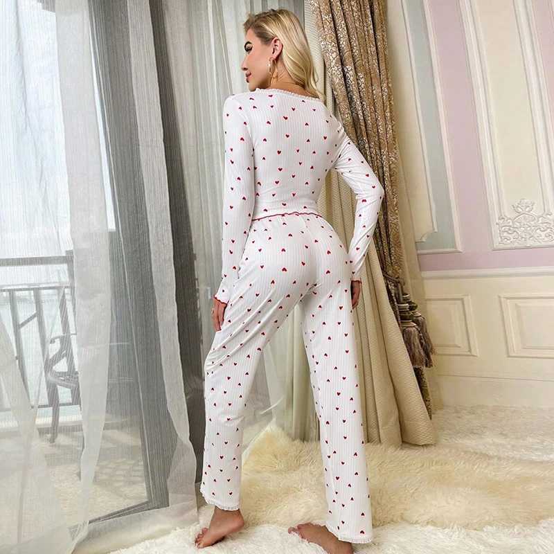 Ele White Ribbed Print Pants Sets Pajamas Women Knitted V-Neck Loose Tops Autumn Elastic Long Pants Spwears VintageXJ250220