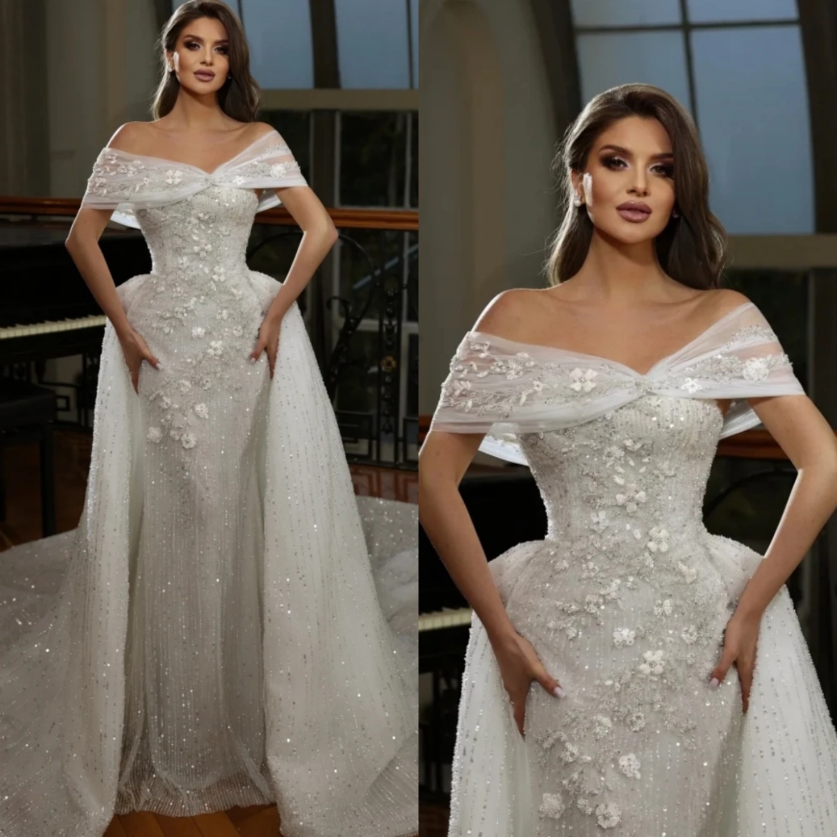 Elegant A e Women Wedding Off Shoulder Sleeveless Bridal Gowns Sequins Appliques Detachable Train Dress Custom Made vestidos de novia